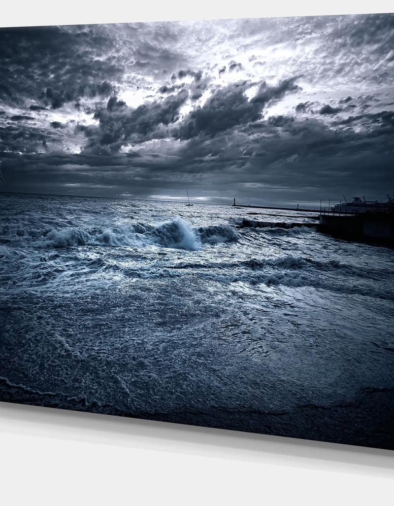 DesignQ Sochi Sea Storm In Blue - Modern Landscape Wall Art Canvas