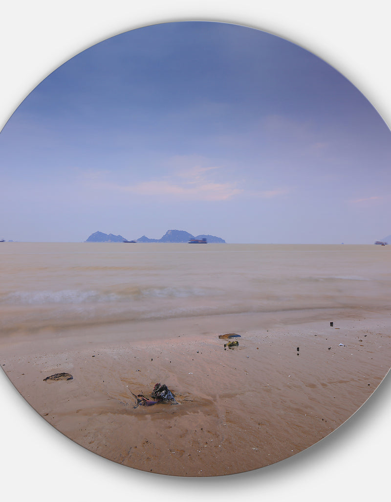 DesignQ Soft Blue Sunset At Lung Kwu Tan Beach - Landscape Round Metal Wall Art