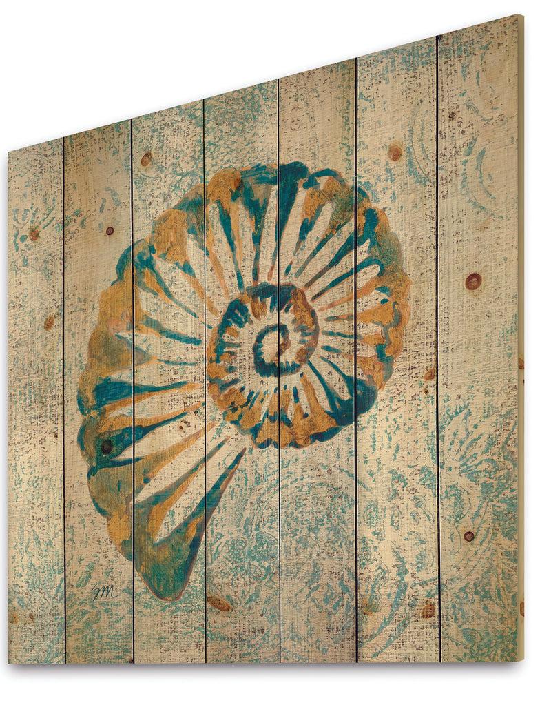 DesignQ Spiral Shell - Nautical & Coastal Print On Natural Pine Wood