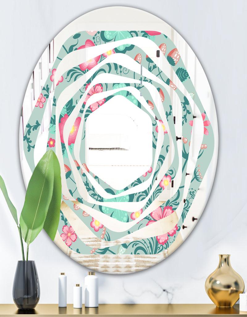 DesignQ Spring Floral Pattern In Soft Pastel Colors - Modern Round Or Oval Wall Mirror - Whirl