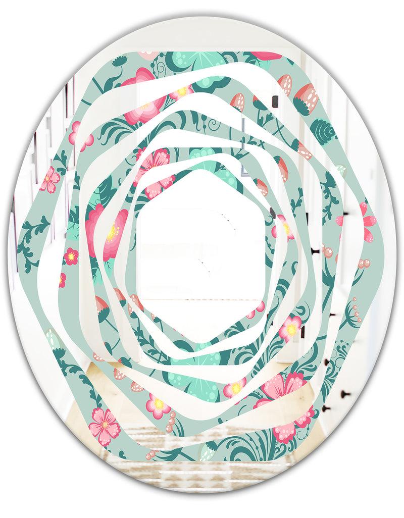 DesignQ Spring Floral Pattern In Soft Pastel Colors - Modern Round Or Oval Wall Mirror - Whirl