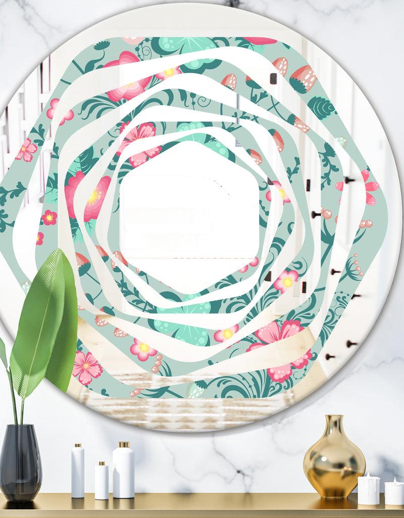 DesignQ Spring floral pattern in soft pastel colors - Modern Round or Oval Wall Mirror - Whirl