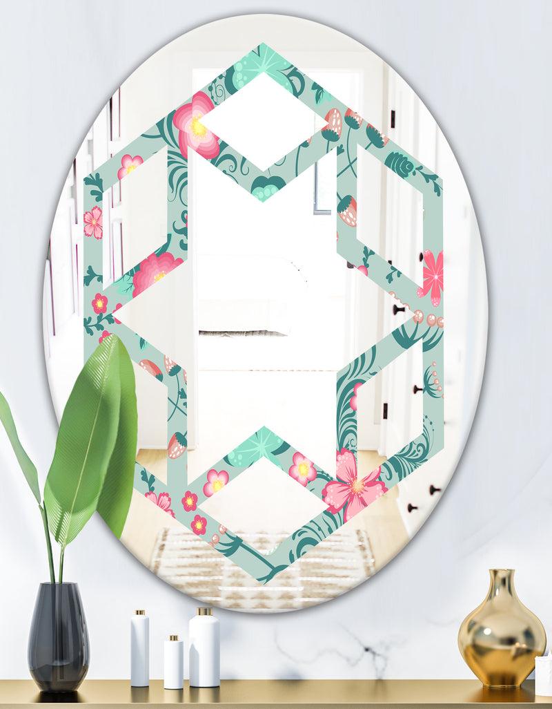 DesignQ Spring Floral Pattern In Soft Pastel Colors - Modern Round Or Oval Wall Mirror - Hexagon Star