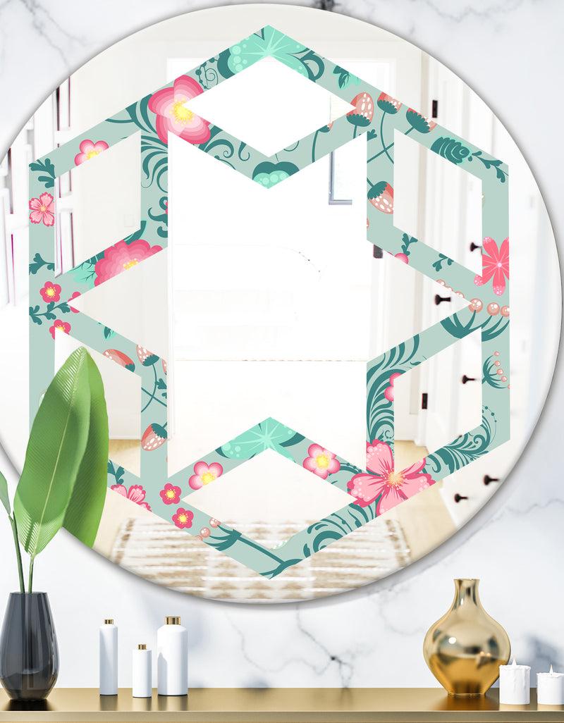 DesignQ Spring floral pattern in soft pastel colors - Modern Round or Oval Wall Mirror - Hexagon Star
