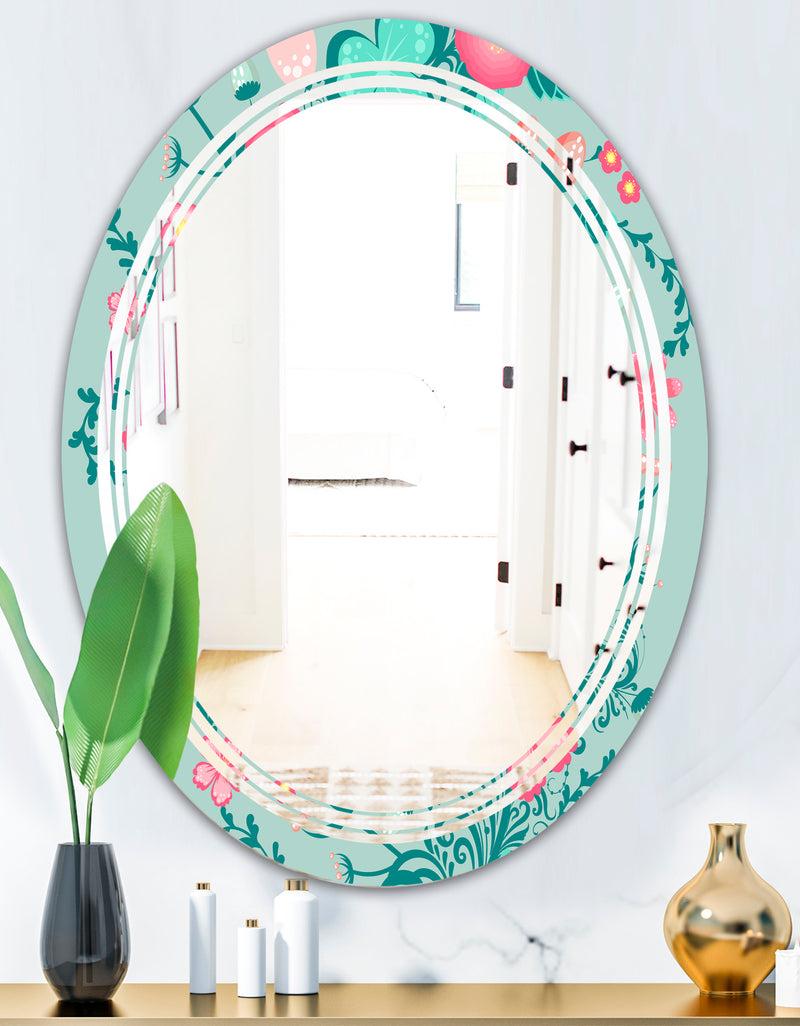 DesignQ Spring Floral Pattern In Soft Pastel Colors - Modern Round Or Oval Wall Mirror - Triple C
