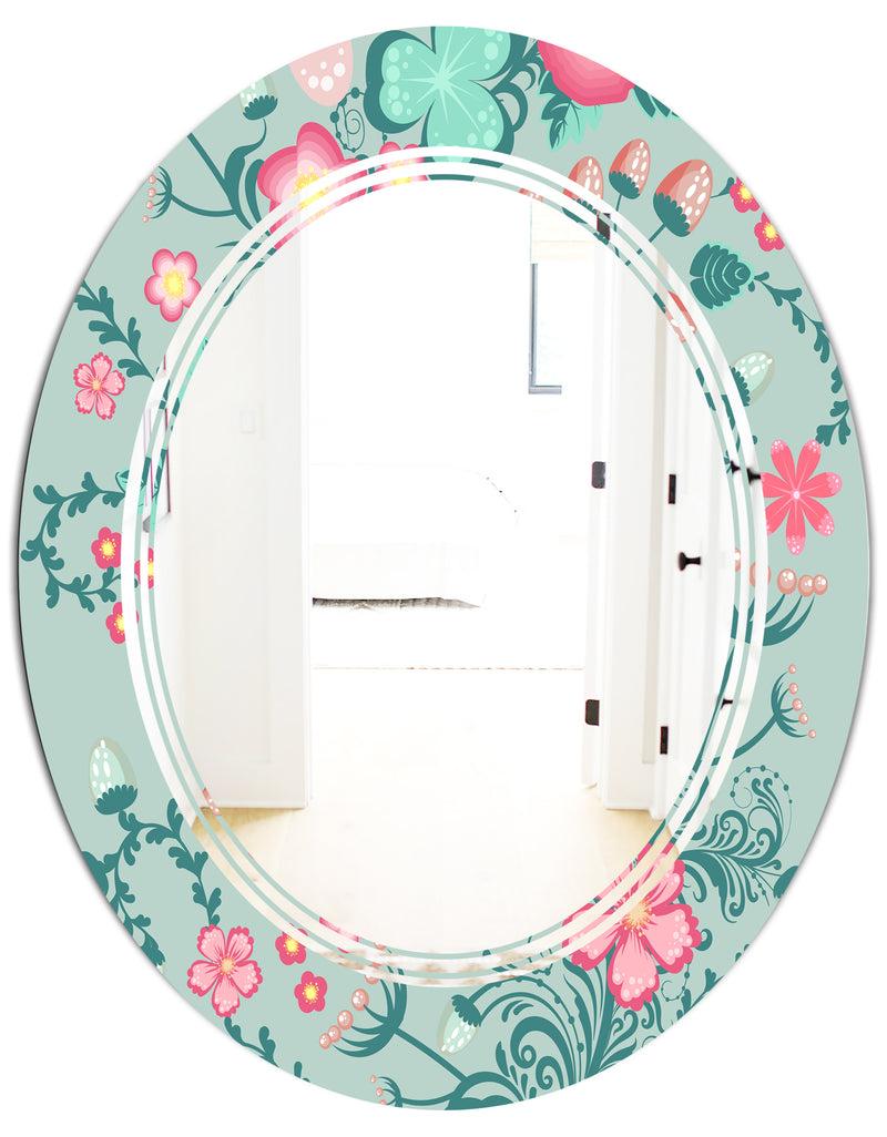 DesignQ Spring Floral Pattern In Soft Pastel Colors - Modern Round Or Oval Wall Mirror - Triple C