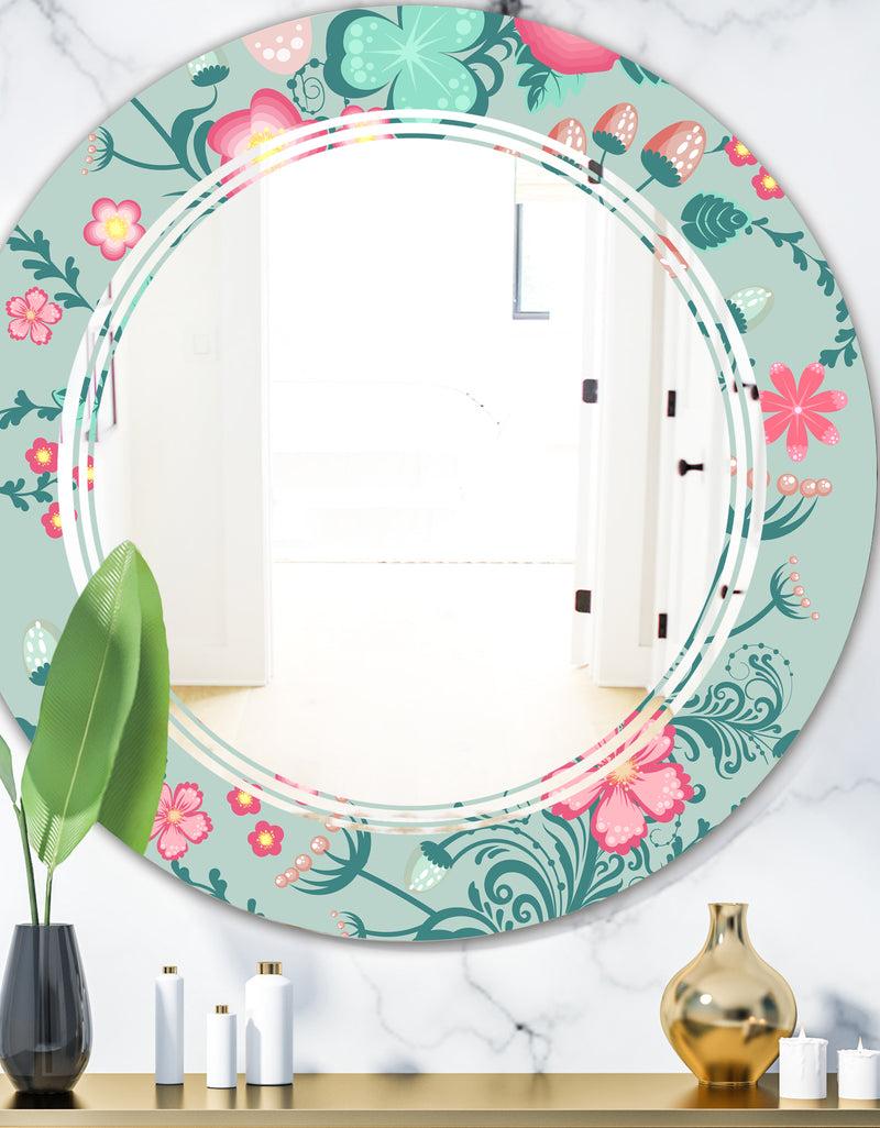 DesignQ Spring floral pattern in soft pastel colors - Modern Round or Oval Wall Mirror - Triple C