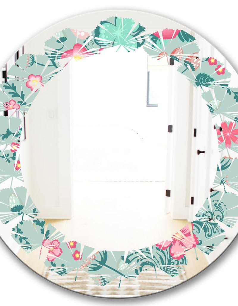 DesignQ Spring Floral Pattern In Soft Pastel Colors - Modern Round Or Oval Wall Mirror - Leaves
