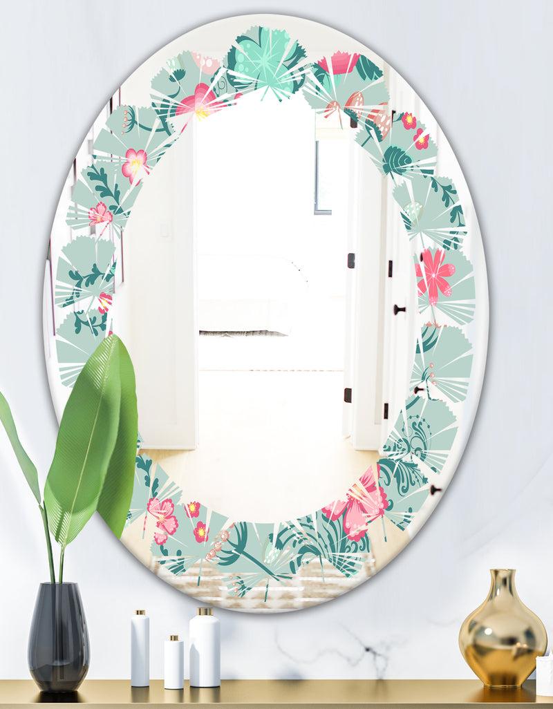 DesignQ Spring Floral Pattern In Soft Pastel Colors - Modern Round Or Oval Wall Mirror - Leaves