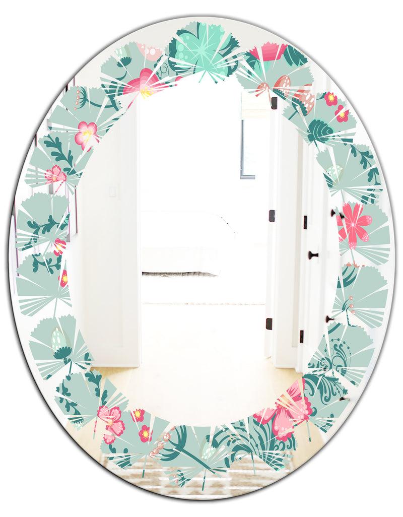 DesignQ Spring Floral Pattern In Soft Pastel Colors - Modern Round Or Oval Wall Mirror - Leaves