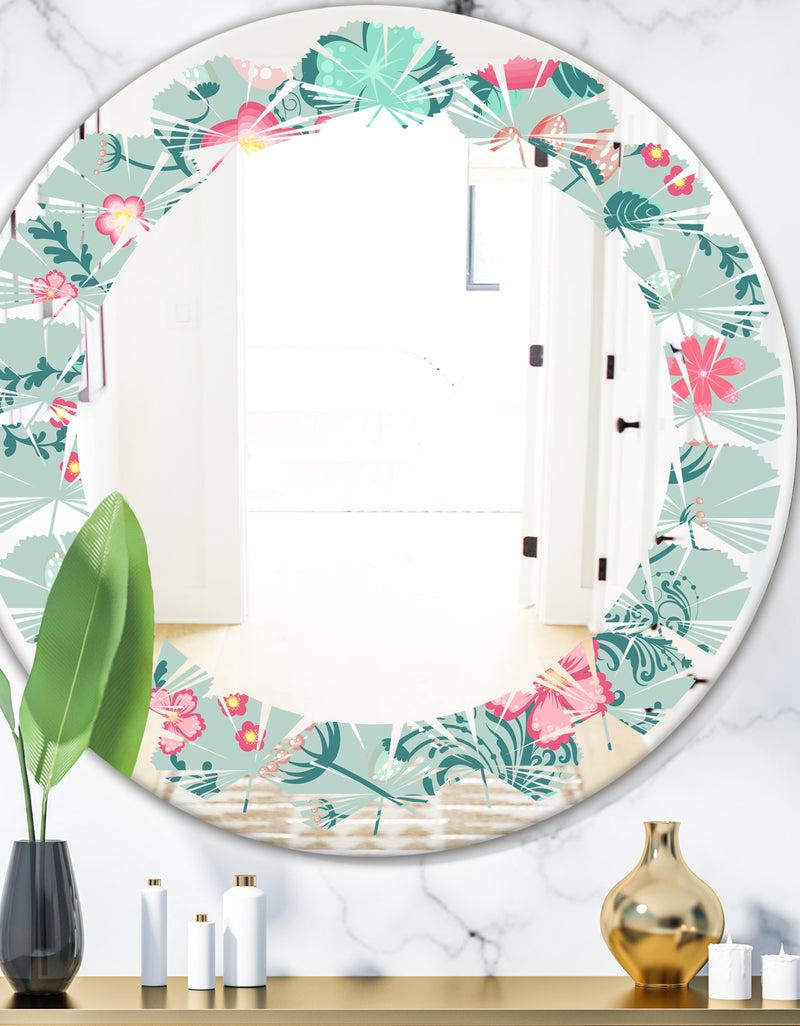 DesignQ Spring floral pattern in soft pastel colors - Modern Round or Oval Wall Mirror - Leaves