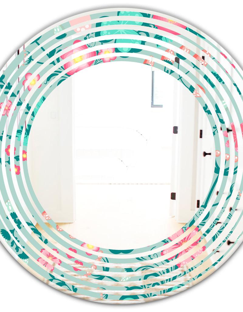 DesignQ Spring Floral Pattern In Soft Pastel Colors - Modern Round Or Oval Wall Mirror - Wave
