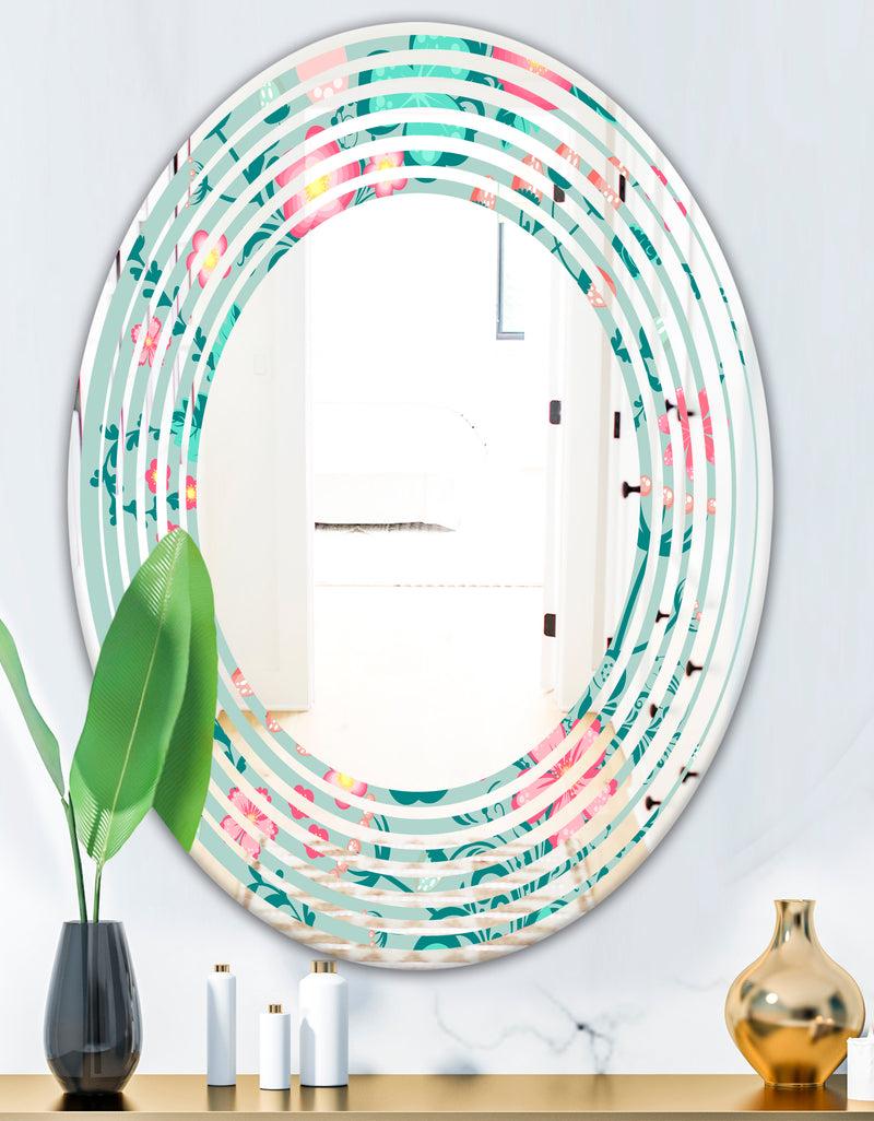 DesignQ Spring Floral Pattern In Soft Pastel Colors - Modern Round Or Oval Wall Mirror - Wave
