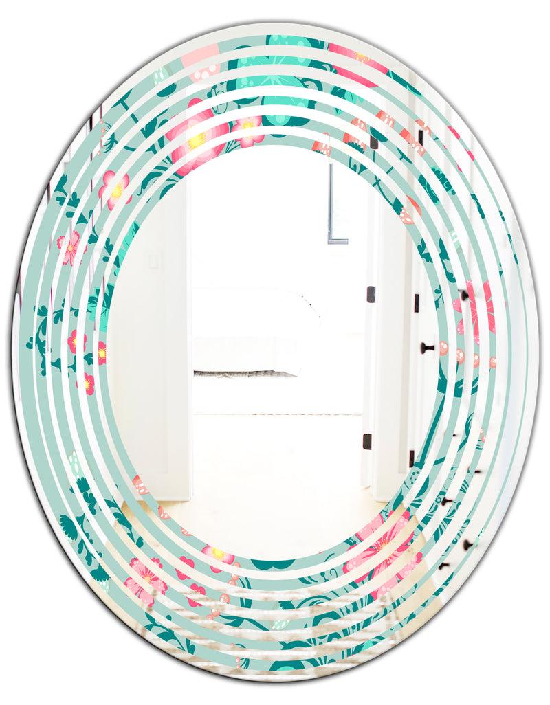 DesignQ Spring Floral Pattern In Soft Pastel Colors - Modern Round Or Oval Wall Mirror - Wave