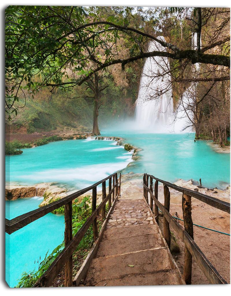 DesignQ Stairway Into Beautiful Waterfall - Oversized Landscape Canvas Art