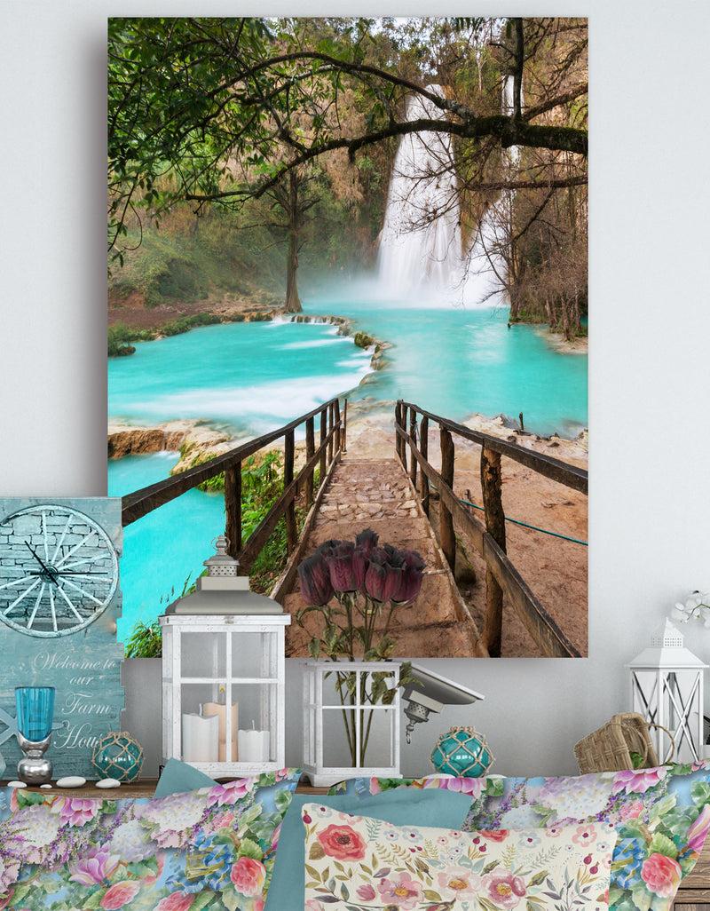 DesignQ Stairway into Beautiful Waterfall - Oversized Landscape Canvas Art