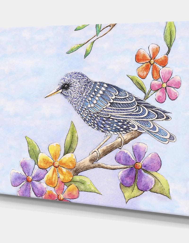 DesignQ Starling Bird With Flowers - Cottage Canvas Art Print