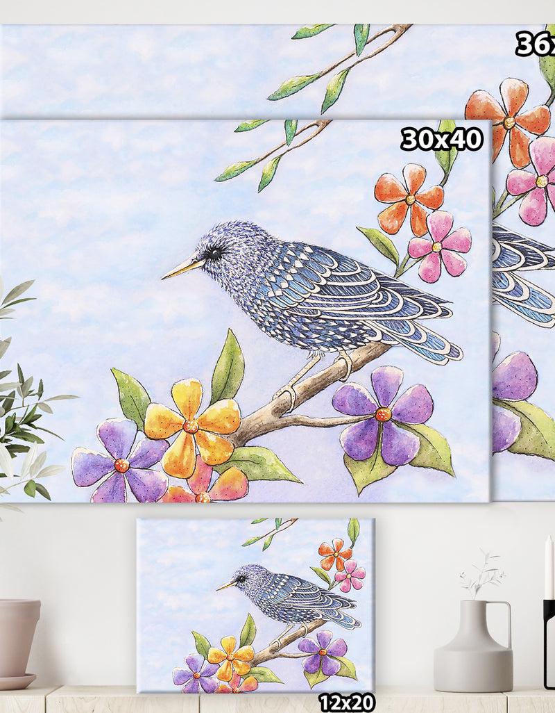 DesignQ Starling Bird With Flowers - Cottage Canvas Art Print