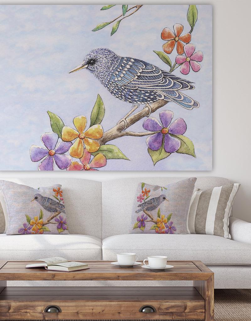 DesignQ Starling Bird with Flowers - Cottage Canvas Art Print