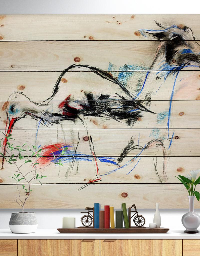 DesignQ Stork and llama - Animals Sketch Painting Print on Natural Pine Wood
