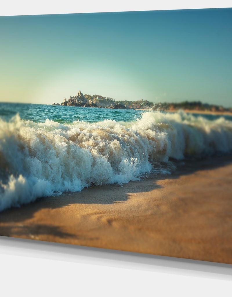 DesignQ Stormy Waves Hitting Beach Sand - Modern Beach Canvas Art Print