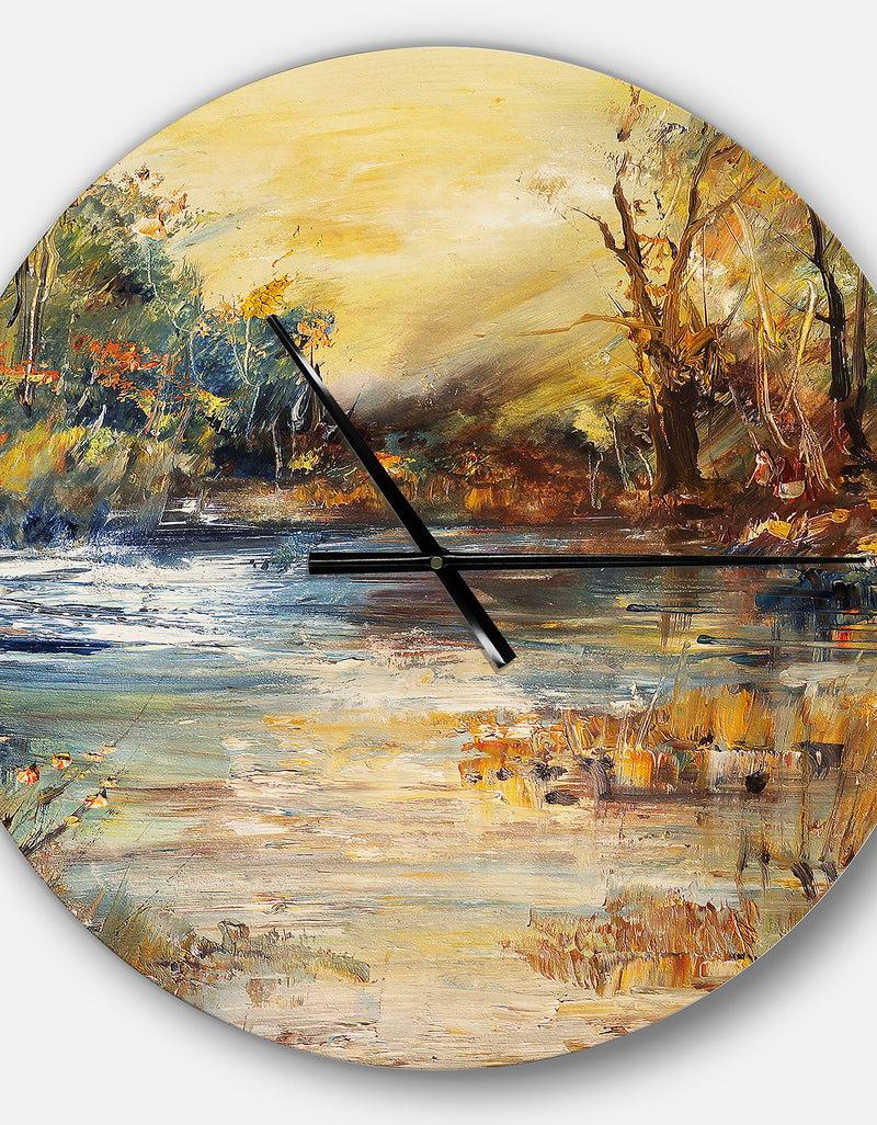 DesignQ Stream In Forest Oil Painting - Oversized Traditional Wall CLock