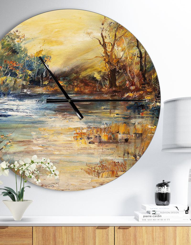 DesignQ Stream in Forest Oil Painting - Oversized Traditional Wall CLock