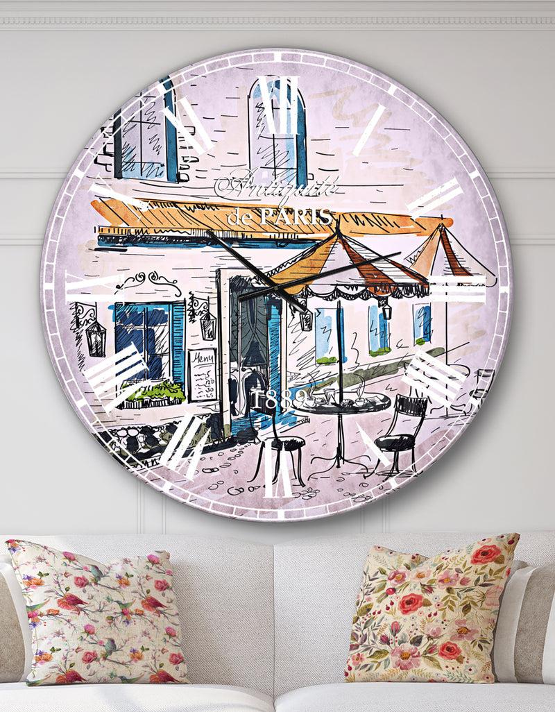 DesignQ Street Café - Watercolor Painting Large Wall CLock