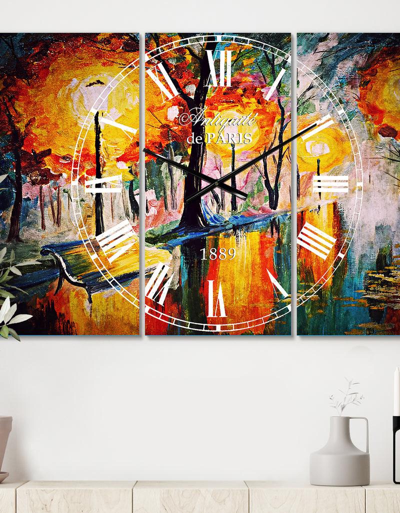 DesignQ Street in Autumn - Cottage 3 Panels Large Wall CLock