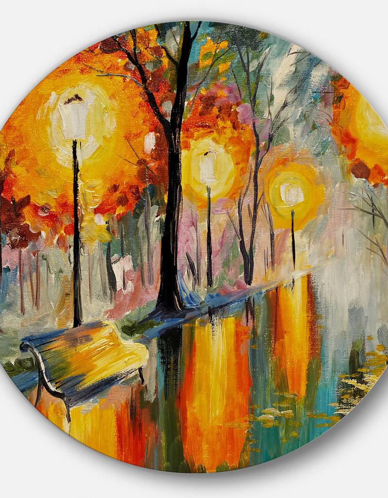 DesignQ Street In Autumn - Landscape Glossy Large Disk Metal Wall Art