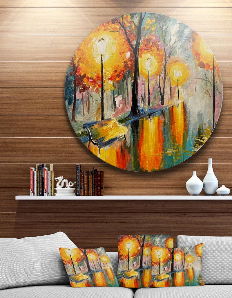 DesignQ Street in Autumn - Landscape Glossy Large Disk Metal Wall Art