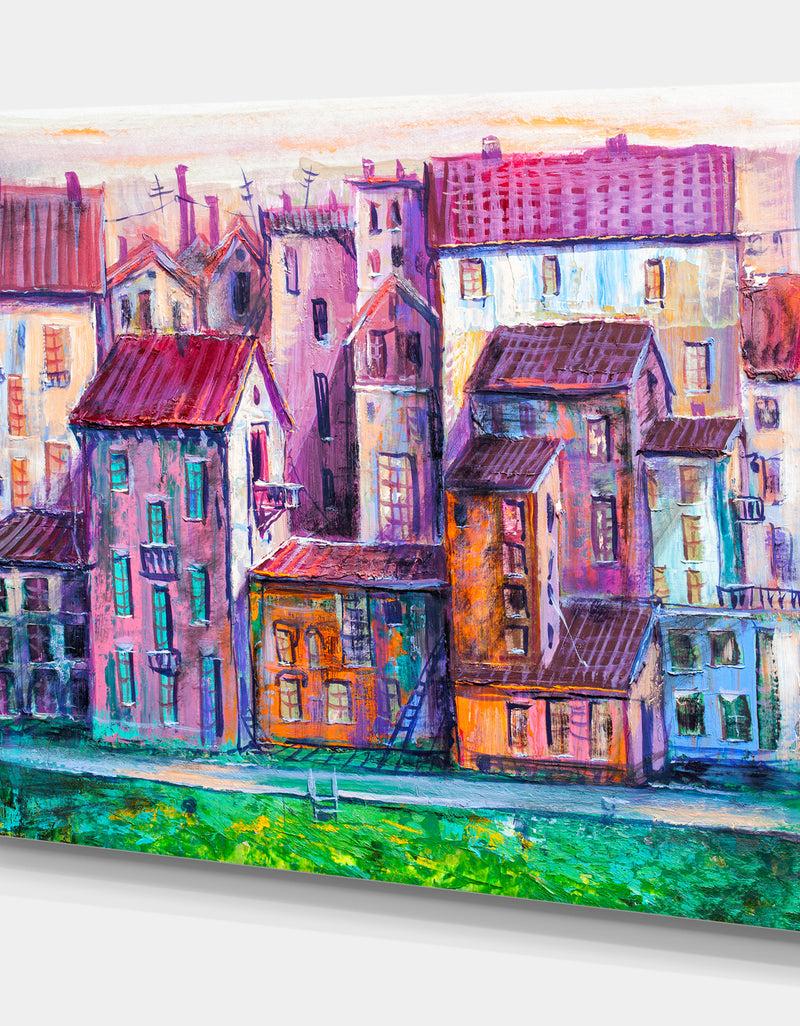 DesignQ Street With Colorful Old Homes - Cityscapes Painting Print On Wrapped Canvas