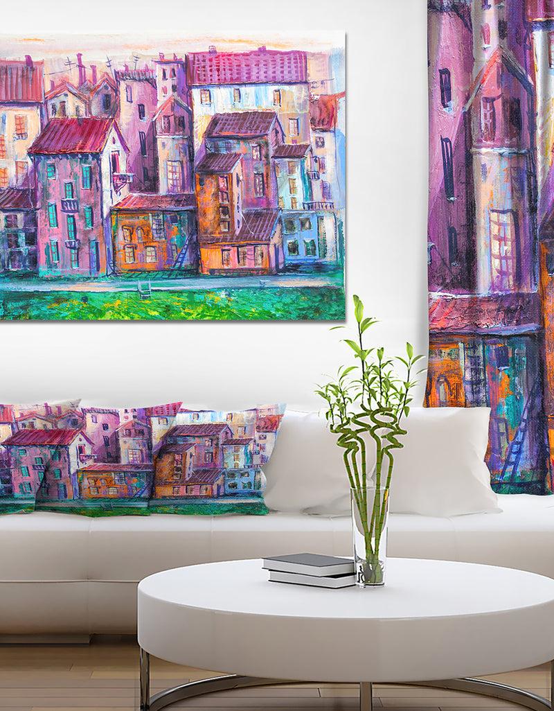 DesignQ Street with colorful old homes - Cityscapes Painting Print on Wrapped Canvas