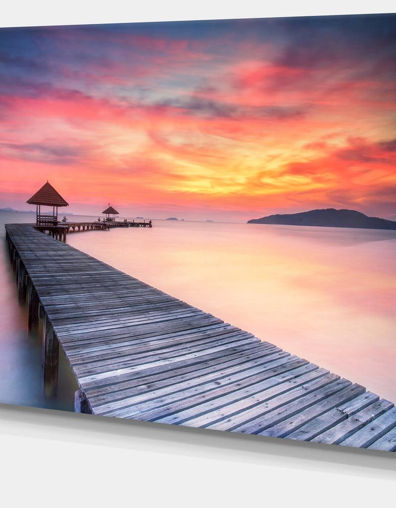 DesignQ Stylish Wooden Bridge And Beach Sky - Sea Pier Wall Art Canvas Print