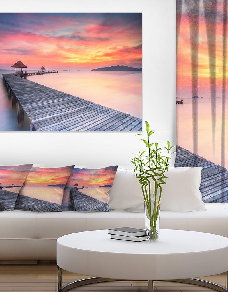 DesignQ Stylish Wooden Bridge and Beach Sky - Sea Pier Wall Art Canvas Print