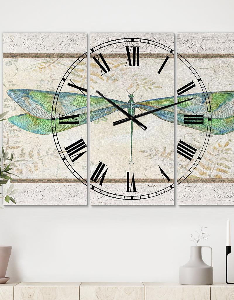 DesignQ Summer Dragonfly 3 - Oversized Cottage Wall Clock - 3 Panels