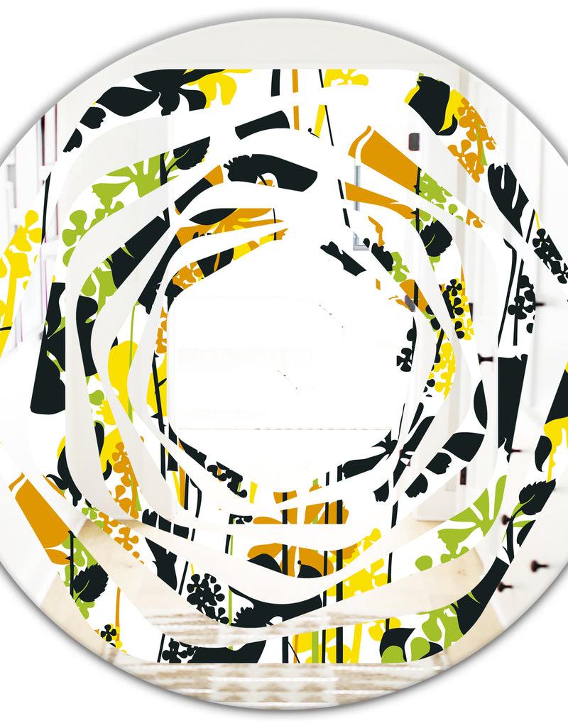 DesignQ Summer Meadow Pattern Black Silhouettes - Modern Round Or Oval Wall Mirror - Whirl