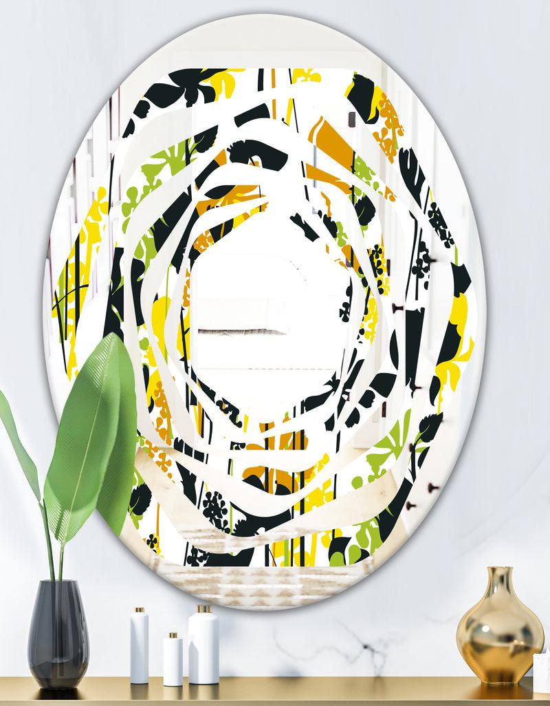 DesignQ Summer Meadow Pattern Black Silhouettes - Modern Round Or Oval Wall Mirror - Whirl