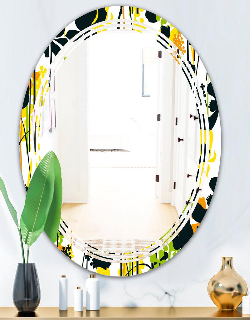 DesignQ Summer Meadow Pattern Black Silhouettes - Modern Round Or Oval Wall Mirror - Triple C