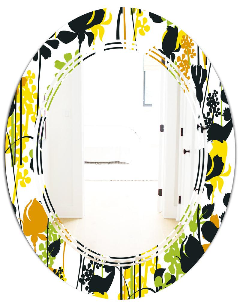 DesignQ Summer Meadow Pattern Black Silhouettes - Modern Round Or Oval Wall Mirror - Triple C