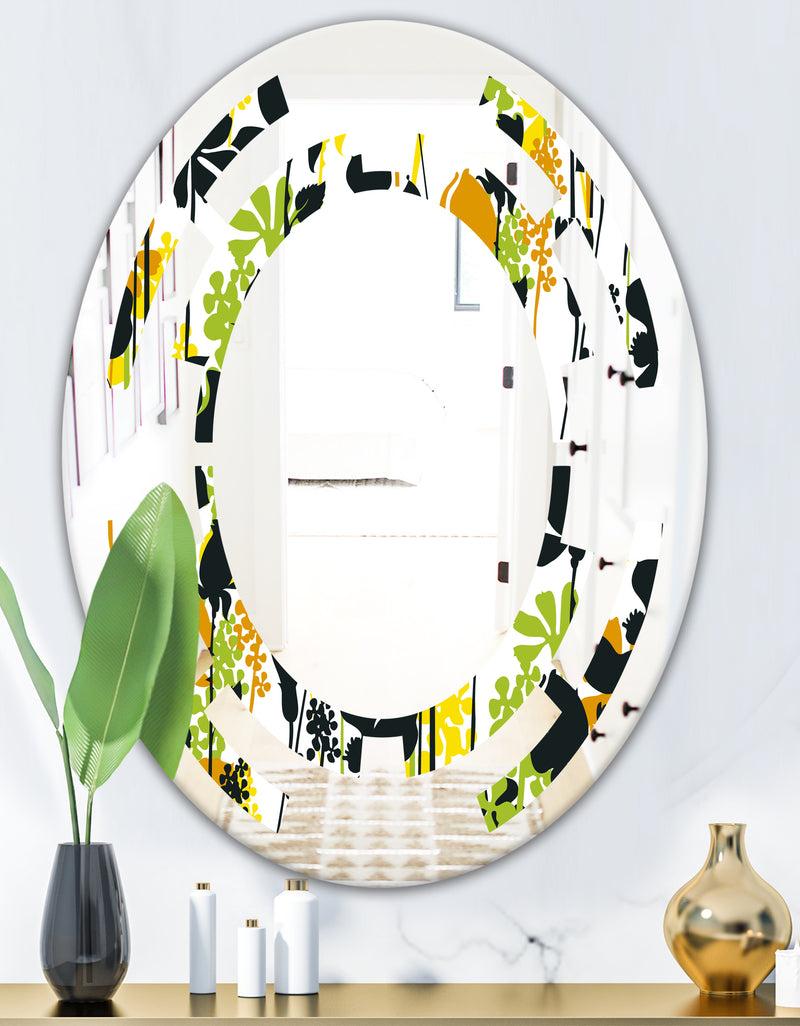 DesignQ Summer Meadow Pattern Black Silhouettes - Modern Round Or Oval Wall Mirror - Space