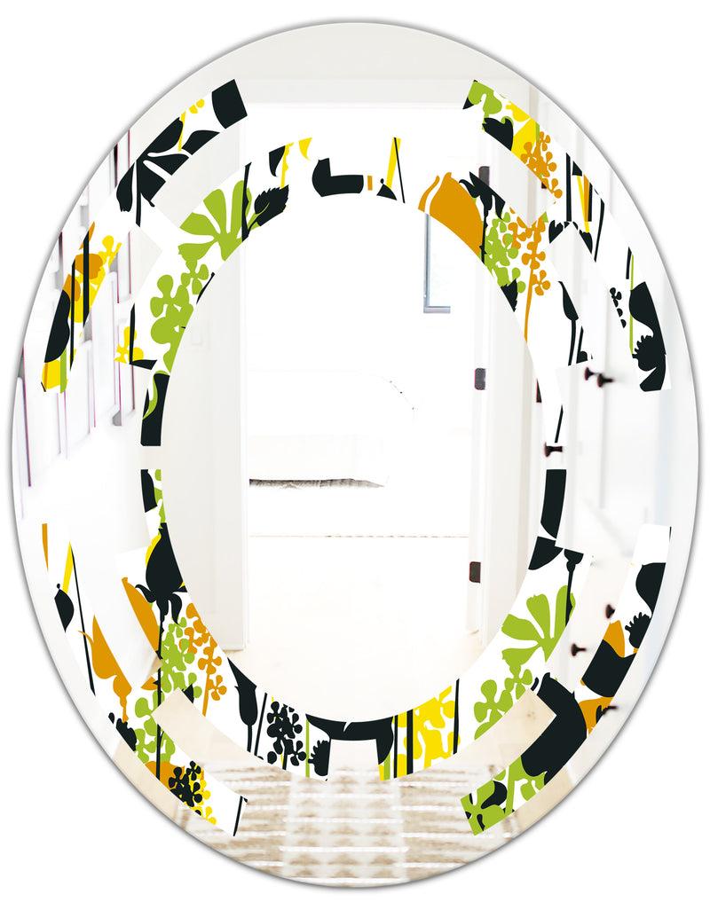 DesignQ Summer Meadow Pattern Black Silhouettes - Modern Round Or Oval Wall Mirror - Space