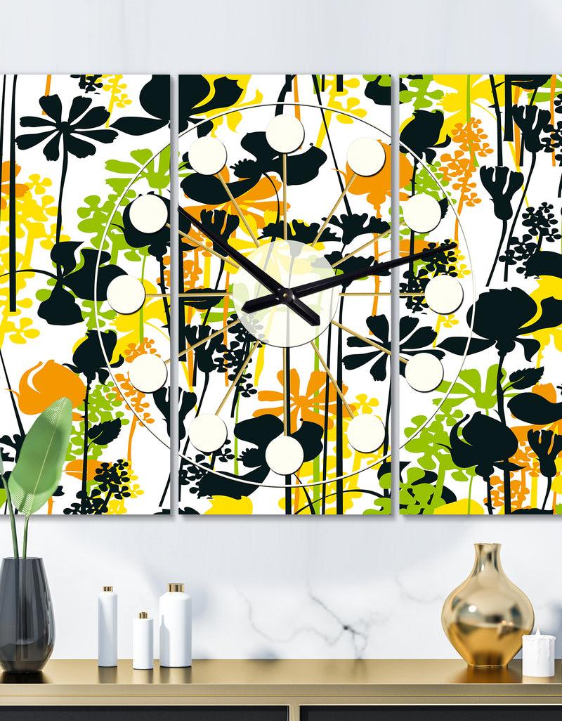 DesignQ Summer meadow pattern black silhouettes - Oversized Mid-Century wall clock - 3 Panels