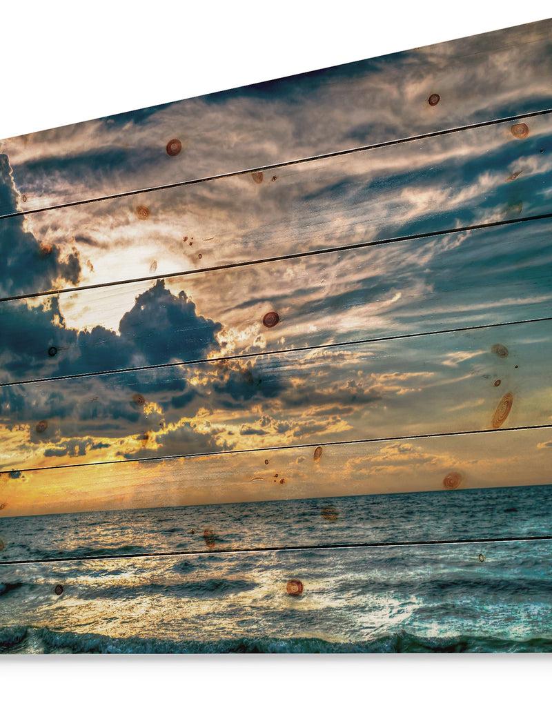 DesignQ Sun Break Over Blue Ocean - Seashore Print On Natural Pine Wood