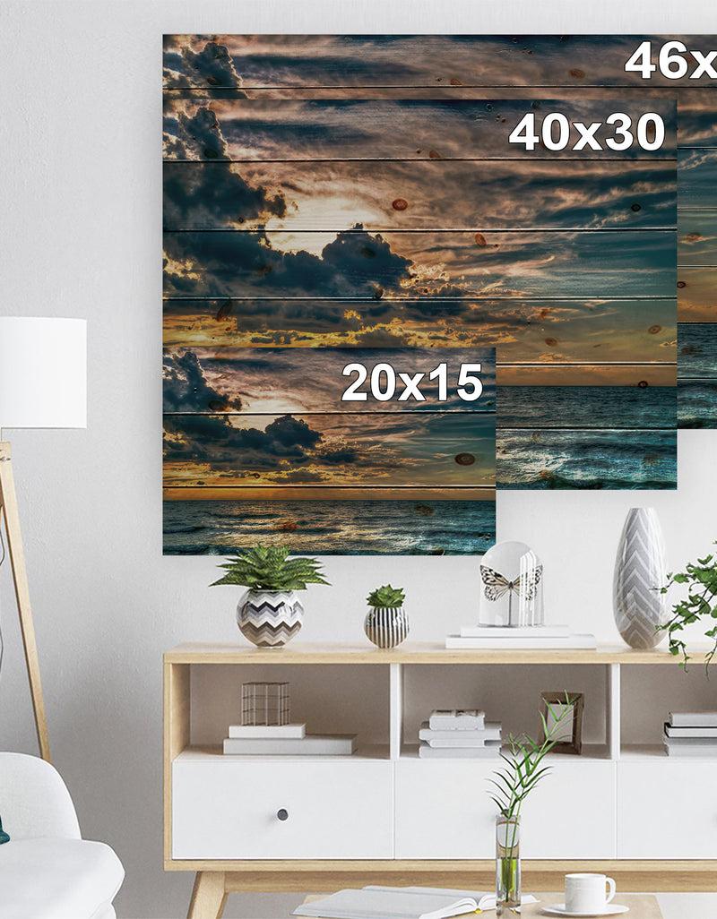 DesignQ Sun Break Over Blue Ocean - Seashore Print On Natural Pine Wood
