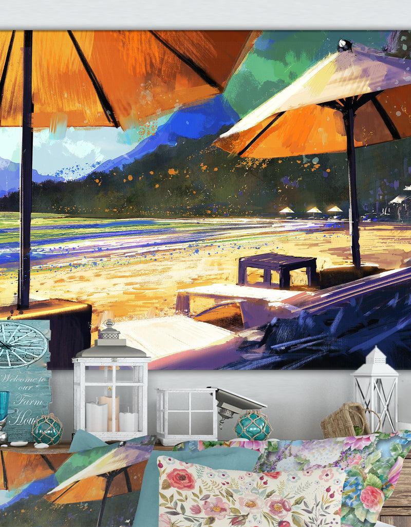 DesignQ Sun umbrellas and loungers on beach - Cottage Canvas Wall Art