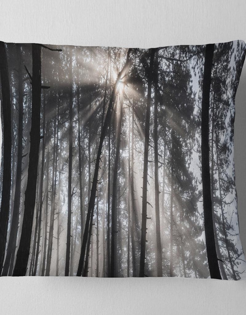 DesignQ Sunbeams Through Black White Forest - Forest Throw Pillow