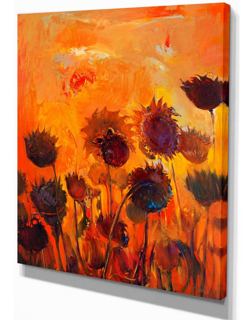 DesignQ Sunflower Field Abstract Artwork - Floral Painting Print On Wrapped Canvas