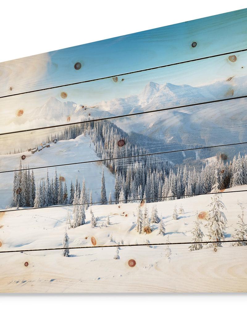 DesignQ Sunny Morning In Mountains - Landscape Print On Natural Pine Wood