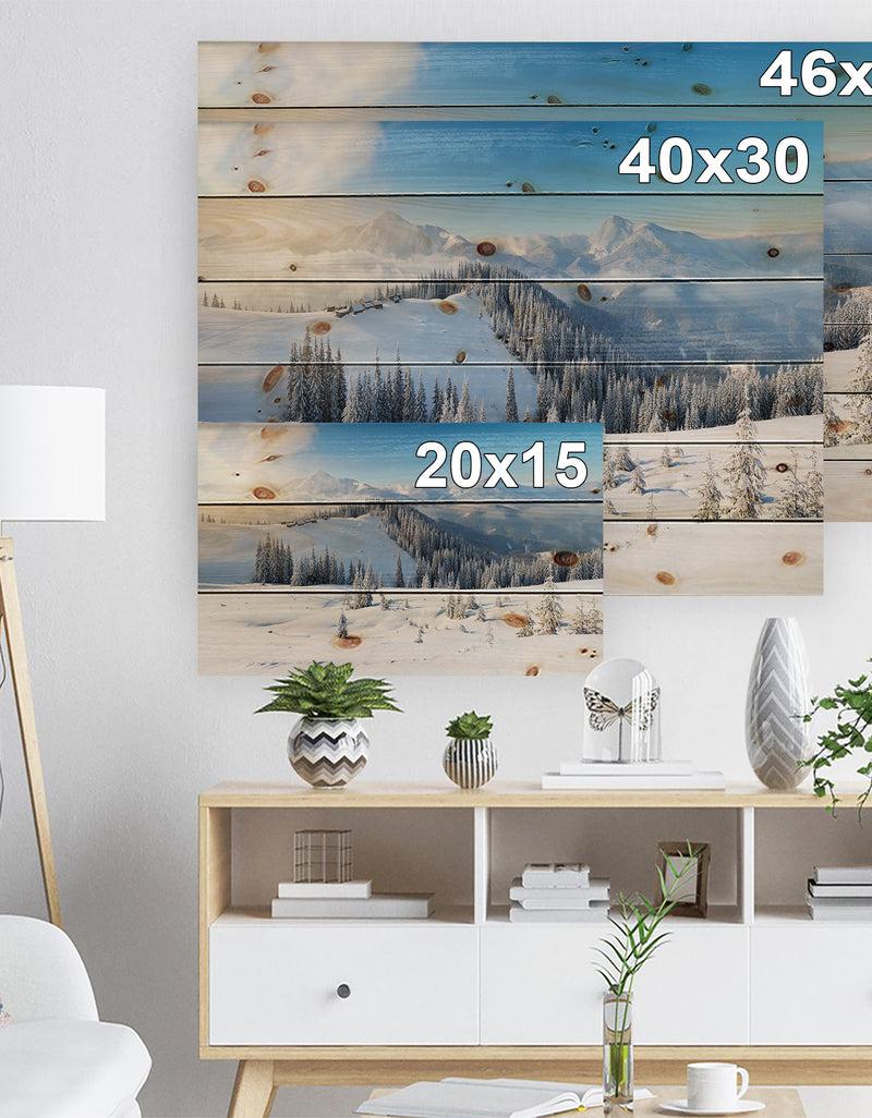 DesignQ Sunny Morning In Mountains - Landscape Print On Natural Pine Wood